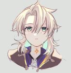  1boy albedo_(genshin_impact) androgynous aqua_eyes bangs blonde_hair blush collar_up collared_coat collared_shirt crossed_bangs crying genshin_impact grey_background gs_bf96 hair_between_eyes highres korean_commentary male_focus medium_hair messy_hair multicolored_eyes open_mouth parted_bangs purple_shirt sad shirt simple_background sketch solo star_(symbol) tearing_up tears teeth translation_request vision_(genshin_impact) yellow_eyes 