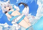 1girl absurdres ahoge animal_ear_fluff animal_ears bangs bikini blue_bikini blue_eyes blush breasts closed_mouth cloud crossed_bangs day dutch_angle ear_piercing feet_out_of_frame fox_ears fox_girl fox_tail hair_between_eyes hand_up highres hololive ivan_wang jacket long_hair long_sleeves looking_at_viewer medium_breasts navel open_clothes open_jacket outdoors partially_unzipped piercing puffy_long_sleeves puffy_sleeves shirakami_fubuki solo swimsuit tail very_long_hair virtual_youtuber wading water white_hair white_jacket 
