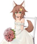  1girl absurdres animal_ears bare_shoulders blush bouquet brown_hair closed_mouth dress gloves green_eyes highres holding holding_bouquet indie_virtual_youtuber looking_at_viewer nekoname_tuna short_hair smile solo tail virtual_youtuber wedding_dress white_dress white_gloves yakihebi 