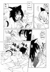  2girls animal_ears black_hair breasts cat_ears collar fellatio greyscale highres large_breasts monochrome multiple_girls nude oral original penis poorly_translated sleeping tail translated wet yukimi 