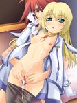  1girl artist_request blonde_hair breasts censored collet_brunel cum cum_in_pussy cumdrip green_eyes kratos_aurion long_hair nipples pantyhose pussy red_eyes small_breasts spread_pussy tales_of_(series) tales_of_symphonia 