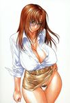  blue_eyes blush breasts brown_hair cleavage collarbone copyright_request covered_nipples cowboy_shot dress_shirt glasses highleg highleg_panties highres inoue_takuya large_breasts panties parted_lips partially_unbuttoned pencil_skirt pubic_hair shirt shirt_tucked_in simple_background skirt skirt_lift sleeves_folded_up solo sweat underwear white_background white_panties 