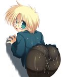  ass bad_id bad_pixiv_id bent_over black_legwear blonde_hair blush cum cum_on_ass cum_on_clothes glasses green_eyes looking_back original panties panties_under_pantyhose pantyhose pointy_ears sakaki_(noi-gren) short_hair solo thighband_pantyhose underwear 