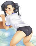  ass asymmetrical_bangs bangs bed black_hair blush brown_eyes buruma cum cum_on_ass cum_on_clothes gym_uniform looking_back mahou_sensei_negima! sakurazaki_setsuna side_ponytail solo suda_(yuunagi_enikki) 