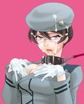  bad_id bad_pixiv_id beret black_collar brown_hair collar cum cum_on_clothes facial glasses gloves gundam gundam_00 hat kati_mannequin leash military military_uniform miyayoshi_(bricola) mole mole_under_mouth open_clothes open_shirt purple_eyes shirt short_hair solo uniform 