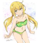  1girl artist_name bikini blonde_hair breasts commentary_request crescent crescent_pin gakky green_bikini kantai_collection leaning_forward long_hair one-hour_drawing_challenge satsuki_(kancolle) small_breasts solo standing star_(symbol) star_print swimsuit twintails white_background yellow_eyes 
