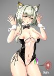  1girl absurdres animal_ears arknights bangs bow bowtie breasts cat_ears cleavage cleft_of_venus condom detached_collar green_eyes green_hair grey_background heart heart-shaped_pupils highres impregnation kal&#039;tsit_(arknights) navel nipples open_mouth pussy short_hair simple_background snafu_(snafy_snu) solo symbol-shaped_pupils translucent_bunnysuit uncensored used_condom wrist_cuffs 