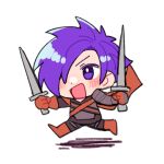  1boy armor blush cape chibi do_m_kaeru dual_wielding fire_emblem fire_emblem:_three_houses fire_emblem_warriors:_three_hopes hair_over_one_eye holding long_sleeves male_focus medium_hair purple_eyes purple_hair shez_(fire_emblem) shez_(fire_emblem)_(male) short_hair simple_background smile solo sword weapon 