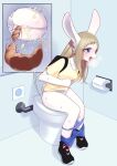  2022 anthro anus backpack bathroom blonde_hair blue_eyes bodily_fluids bottomwear bottomwear_down clothed clothing feces female fur genital_fluids genitals hair lagomorph leporid mammal panties panties_down pants pants_down partially_clothed peeing pooping pussy rabbit scat sitting sitting_on_toilet solo sweat toilet_use underwear underwear_down unoroute unousaya urine white_body white_fur 