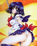  1girl absurdres ass bishoujo_senshi_sailor_moon black_hair blue_eyes blush boots bow elbow_gloves gloves highres hmdark-9 legs leotard looking_at_viewer no_bra panties pantyshot red_bow sailor_saturn school_uniform serafuku short_hair silence_glaive solo thighs tomoe_hotaru torn_clothes traditional_media underwear white_gloves white_panties 