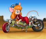 1girl animal_ears animal_nose barefoot bent_over blue_eyes breasts chip_&#039;n_dale_rescue_rangers cleavage desert english_commentary fewer_digits full_body furry furry_female gadget_hackwrench goggles goggles_on_head ground_vehicle highres jumpsuit long_hair looking_back medium_breasts minigirl motor_vehicle motorcycle mouse_ears mouse_tail on_motorcycle orange_hair pickle red_jumpsuit sleeves_pushed_up solo tail tony_kuusisto 