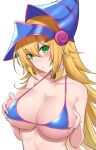  1girl absurdres bare_shoulders bikini blonde_hair blue_bikini blush blush_stickers breasts choker cleavage collarbone dark_magician_girl duel_monster green_eyes hat highres kirikan large_breasts long_hair looking_at_viewer simple_background solo swimsuit upper_body white_background wizard_hat yu-gi-oh! 