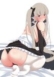  1girl absurdres ass azur_lane bare_shoulders black_dress black_panties blush clothing_cutout dress formidable_(azur_lane) frilled_dress frills from_behind full-face_blush grey_hair highres leaning_forward light_brown_hair long_hair looking_at_viewer looking_back nanohana_(november.) panties shoulder_cutout simple_background solo thighhighs two-tone_dress two-tone_ribbon underwear very_long_hair white_background white_legwear 