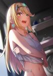  1girl absurdres bangs blonde_hair breasts highres large_breasts long_hair mythra_(xenoblade) navel slope_(check238) solo stomach swept_bangs translation_request undressing very_long_hair xenoblade_chronicles_(series) xenoblade_chronicles_2 yellow_eyes 