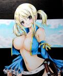  1girl absurdres areola_slip blonde_hair breasts brown_eyes cleavage cloud detached_sleeves fairy_tail highres hmdark-9 long_hair looking_at_viewer lucy_heartfilia medium_breasts midriff navel no_bra short_twintails sky smile solo traditional_media twintails whip 