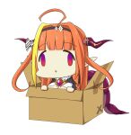  1girl ahoge bangs blonde_hair blunt_bangs bow box braid breasts cardboard_box cleavage cleavage_cutout clothing_cutout diagonal-striped_bow dragon_girl dragon_horns dragon_tail face_of_the_people_who_sank_all_their_money_into_the_fx_(meme) hairband highres hololive horn_bow horn_ornament horns kiryu_coco large_breasts meme multicolored_hair orange_hair pointy_ears purple_eyes side_braid solo streaked_hair tail tsukishiro_aishi two-tone_hair virtual_youtuber 