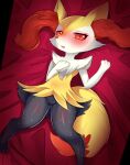  2022 ambiguous_gender anthro bed bed_sheet bedding bedroom_eyes black_body blush bodily_fluids braixen chest_tuft fluffy fluffy_tail fur furniture hi_res himimi looking_at_viewer lying multicolored_tail narrowed_eyes nintendo on_back on_bed open_mouth pok&eacute;mon pok&eacute;mon_(species) red_eyes red_tail seductive solo sweat tuft video_games white_body white_fur yellow_body yellow_fur yellow_tail 