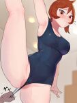  1girl absurdres anger_vein arezu_(pokemon) arm_up armpits ass blush breasts brown_eyes brown_hair cleavage covered_navel flying_sweatdrops gatchan highres one-piece_swimsuit partially_visible_vulva pokemon pokemon_(game) pokemon_legends:_arceus short_hair standing standing_on_one_leg swimsuit wedgie 