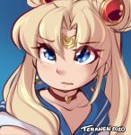  1girl artist_name bangs bishoujo_senshi_sailor_moon blonde_hair blue_background blue_eyes blue_sailor_collar blush choker circlet collarbone commentary crescent crescent_earrings dated double_bun earrings english_commentary gem gradient gradient_background hair_bun hair_intakes hair_ornament heart heart_choker jewelry light_blush long_hair looking_up lowres meme open_mouth red_choker red_gemstone sailor_collar sailor_moon sailor_moon_redraw_challenge_(meme) shirt sidelocks signature simple_background sketch sleeveless sleeveless_shirt solo teranen white_shirt 