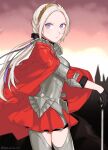  1girl absurdres alternate_costume alternate_hairstyle bangs breasts cape cleavage closed_mouth edelgard_von_hresvelg fire_emblem fire_emblem:_three_houses fire_emblem_warriors:_three_hopes gloves hair_ornament hair_ribbon highres long_hair long_sleeves looking_at_viewer official_alternate_costume official_alternate_hairstyle peach11_01 purple_eyes ribbon skirt solo uniform weapon white_hair 