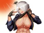  1girl abs angel_(kof) blush breasts clothes_lift collarbone cropped_jacket fanning fanning_self fingerless_gloves ghgnvm gloves highres hot jacket large_breasts leather leather_jacket lifted_by_self muscular muscular_female navel nipples no_bra shirt shirt_lift snk sweat the_king_of_fighters the_king_of_fighters_xiv the_king_of_fighters_xv toned undressing white_hair 