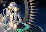  1boy animal asclepius_(fate) bangs commentary_request fate/grand_order fate_(series) gradient_hair green_eyes green_hair grey_hair hair_over_one_eye hand_up holding jacket long_hair long_sleeves looking_at_viewer male_focus multicolored_hair open_clothes open_jacket open_mouth pants ruri_rarako shirt sleeves_past_fingers sleeves_past_wrists snake solo teeth tongue tongue_out upper_teeth very_long_hair white_jacket white_pants white_shirt 