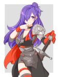  1girl armor asymmetrical_clothes bangs breasts choker cleavage closed_mouth fire_emblem fire_emblem:_three_houses fire_emblem_warriors:_three_hopes gloves hair_bun hair_over_one_eye highres ikonaska long_hair looking_at_viewer medium_hair purple_eyes purple_hair shez_(fire_emblem) shez_(fire_emblem)_(female) simple_background single_hair_bun solo 