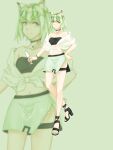  1girl animal_ears arknights bandeau bangs bare_legs bare_shoulders black_choker black_footwear cat_ears character_name choker dated full_body green_background green_eyes green_hair green_skirt hand_on_hip high_heels highres kal&#039;tsit_(arknights) looking_at_viewer manyue_(manyue642) midriff miniskirt navel off_shoulder official_alternate_costume see-through short_hair simple_background skirt solo standing stomach strapless thigh_strap thighs tube_top zoom_layer 