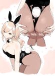  1girl animal_ears ass bare_shoulders black_bow black_bowtie black_leotard blonde_hair bouncing_ass bow bowtie breasts brown_legwear cleavage closed_mouth detached_collar earrings fake_animal_ears fake_tail heart highres jewelry large_breasts leaning_forward leotard long_hair looking_at_viewer multiple_views nino_(sunaba_suzume) orange_eyes original pantyhose playboy_bunny rabbit_ears rabbit_tail smile standing sunaba_suzume tail wing_collar 