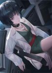  1girl bangs belt black_collar black_hair blazpu blunt_bangs breasts brown_eyes chair coat collar desk dress from_above green_dress highres jewelry keyboard_(computer) labcoat looking_at_viewer mouse_(computer) necklace office office_chair parted_lips persona persona_5 red_belt red_nails short_dress short_hair sitting small_breasts solo takemi_tae thighs white_coat 