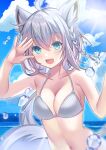  1girl ahoge animal_ear_fluff animal_ears arm_up bangs bikini blush braid breasts cleavage cloud cloudy_sky collarbone commentary_request day fox_ears fox_girl fox_tail green_eyes hair_between_eyes highres hololive light_rays long_hair looking_at_viewer medium_breasts ocean open_mouth outdoors shirakami_fubuki shiratoriko sidelocks single_braid sky smile solo swimsuit tail virtual_youtuber water_drop white_bikini white_hair 