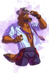  2022 absurd_res ace_hart anthro blue_bottomwear blue_clothing blue_pants bottomwear brown_body brown_fur canid canine canis clothing dog_city domestic_dog fur german_shepherd gradient_background hat headgear headwear herding_dog hi_res leo-artis mammal pants pastoral_dog police_officer shirt simple_background smile tipping_hat topwear triangle_(shape) 
