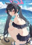  1girl :t anger_vein animal_ear_fluff animal_ears band_(skymole01) bare_legs bare_shoulders beach bikini black_bikini black_hair blue_archive blush closed_mouth cloud day extra_ears from_side hair_between_eyes halo highres long_hair looking_to_the_side ocean red_eyes sandals serika_(blue_archive) solo squatting steepled_fingers swimsuit very_long_hair 