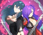 2girls back-to-back blue_eyes breasts byleth_(fire_emblem) byleth_(fire_emblem)_(female) cleavage emil_as fire_emblem fire_emblem:_three_houses fire_emblem_warriors:_three_hopes hair_bun highres large_breasts lens_flare looking_at_viewer multiple_girls purple_eyes purple_hair shez_(fire_emblem) shez_(fire_emblem)_(female) single_hair_bun smile sword upper_body weapon 