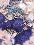  1girl angelica_(honzuki_no_gekokujou) bangs blue_dress blue_eyes blue_hair blurry blurry_foreground colored_eyelashes dated dress hair_between_eyes honzuki_no_gekokujou long_dress long_hair long_sleeves looking_at_viewer lying on_back parted_lips petals ponytail solo twitter_username yuuko24 