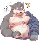  ?! anthro arthropod bawp belly blush canid canine canis domestic_dog eyebrows fly_(disambiguation) fur grey_body grey_fur insect lifewonders male mammal moritaka musclegut nipples pecs scar solo thick_eyebrows tokyo_afterschool_summoners video_games 