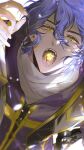  1boy bangs black_footwear blue_hair blurry crystal depth_of_field eyelashes from_above glint glowing_petals half-closed_eyes hands_up highres huolou kneeling light_particles long_sleeves looking_at_viewer looking_up male_focus open_mouth petals purple_hair purple_robe robe saibou_shinkyoku short_hair simple_background solo sparkle stole teeth tongue turtleneck utsugi_noriyuki wavy_hair white_background yellow_eyes yellow_gemstone 