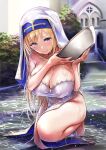  1girl absurdres bangs barefoot blonde_hair blue_eyes blurry blurry_background blush bowl breasts cleavage closed_mouth covered_nipples depth_of_field dress fingernails habit head_tilt highres holding holding_bowl large_breasts long_dress long_hair looking_at_viewer magmell_(pawahara_seijo) mappaninatta mole mole_under_eye nun official_art one_knee outdoors pawahara_seijo side_slit smile solo thighs washbowl washing water wet wet_clothes white_dress white_headwear 