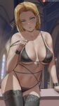  1girl android android_18 bare_shoulders bikini black_bikini black_legwear blonde_hair blue_eyes blunt_ends blurry blurry_background blush breasts cathedral collarbone commentary cowboy_shot dragon_ball dragon_ball_z earrings front-tie_bikini front-tie_top hand_up highres indoors jewelry looking_at_viewer navel parted_lips patreon_logo patreon_username red_ribbon_army shexyo short_hair side-tie_bikini solo stained_glass strap_gap swimsuit thighhighs thighs underboob web_address 