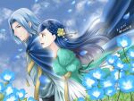  1boy 1girl :d blue_cape blue_flower blue_hair blue_sky braid cape closed_mouth dated dress ferdinand_(honzuki_no_gekokujou) floating_hair flower from_side green_dress green_ribbon grey_shirt hair_flower hair_intakes hair_ornament honzuki_no_gekokujou long_hair maine_(honzuki_no_gekokujou) motion_blur petals profile ribbon shiny shiny_hair shirt sky smile sparkle twitter_username very_long_hair walking yellow_eyes yellow_flower yuuko24 