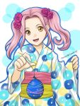  1girl :d dated flower hair_flower hair_intakes hair_ornament hannelole_(honzuki_no_gekokuji) honzuki_no_gekokujou japanese_clothes kimono long_hair long_sleeves looking_at_viewer open_mouth outline pink_hair print_kimono red_flower shiny shiny_hair smile solo tanabata twintails twitter_username wide_sleeves yellow_eyes yuuko24 