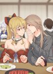  1boy 3girls bangs bare_shoulders black_bow blonde_hair blurry blurry_background blush bow breasts brown_hair choker cleavage closed_mouth collarbone couple crop_top cup detached_sleeves earrings fork granblue_fantasy grey_sweater grin hair_between_eyes hair_bow high_ponytail highres holding holding_cup holding_fork indoors jewelry katalina_(granblue_fantasy) long_hair long_sleeves medium_breasts miso-ha_(ukyuu) multiple_girls purple_ribbon red_bow red_eyes red_sleeves ribbon shiny shiny_hair short_hair sidelocks smile straight_hair strapless sweater two-tone_bow vira_(granblue_fantasy) white_hair 