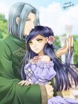  1boy 1girl bangs blue_hair braid cloud couple dated day dress ferdinand_(honzuki_no_gekokujou) floating_hair flower green_jacket hair_flower hair_ornament hetero holding_another&#039;s_hair honzuki_no_gekokujou jacket jewelry long_hair long_sleeves looking_at_viewer maine_(honzuki_no_gekokujou) off-shoulder_dress off_shoulder outdoors parted_bangs parted_lips pink_flower purple_dress ring shiny shiny_hair sideways_glance twitter_username yellow_eyes yuuko24 