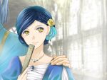  1boy 1girl backlighting bangs blue_gemstone blue_hair braid closed_mouth collarbone ferdinand_(honzuki_no_gekokujou) flower gem hair_flower hair_ornament hand_on_another&#039;s_shoulder holding honzuki_no_gekokujou indoors jewelry looking_at_viewer maine_(honzuki_no_gekokujou) necklace parted_bangs short_hair smile solo_focus sparkle upper_body yellow_eyes yellow_flower yuuko24 