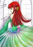  1girl blurry blurry_background braid brown_eyes brunhilde_(honzuki_no_gekokujou) closed_mouth dated dress flower from_behind green_dress hair_flower hair_ornament honzuki_no_gekokujou long_dress long_hair looking_at_viewer looking_back profile red_hair shiny shiny_hair smile solo standing twitter_username yellow_flower yuuko24 