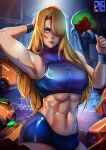  1girl abs absurdres arm_behind_head arm_up biceps blonde_hair blue_eyes crop_top hair_over_one_eye highres looking_at_viewer metroid metroid_(creature) metroid_fusion mole mole_under_mouth muscular muscular_female navel samus_aran short_shorts shorts sleeveless stomach wristband xuuikie_ashe 