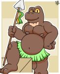  2022 absurd_res anthro belly big_belly brown_body brown_eyes brown_scales clothed clothing dinosaur full_frontal_frog grass_skirt hand_on_hip hi_res joltartworks lono&#039;e male melee_weapon moobs nipples oh_so_hero! one_foot_raised polearm pose reptile scales scalie solo spear topless topless_male tribal weapon yellow_sclera 