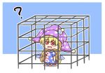  1girl ? american_flag_dress american_flag_pants bangs blonde_hair blue_background blush blush_stickers border cage chibi clownpiece dress fairy_wings full_body hair_between_eyes hat highres jester_cap long_hair looking_away neck_ruff no_shoes open_mouth outside_border pants polka_dot purple_headwear red_eyes shadow shitacemayo short_sleeves simple_background smile solo standing star_(symbol) star_print striped striped_dress striped_pants touhou very_long_hair white_border wings 