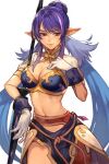  1girl blue_hair breasts cleavage closed_mouth cowboy_shot gloves hungry_clicker judith_(tales) long_hair looking_away low_twintails medium_breasts midriff multicolored_hair pointy_ears purple_eyes simple_background smile solo streaked_hair tales_of_(series) tales_of_vesperia twintails very_long_hair white_gloves 