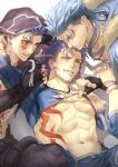  3boys black_gloves blue_hair bracelet chest_tattoo closed_eyes crescent_necklace cu_chulainn_(caster)_(fate) cu_chulainn_(fate) cu_chulainn_(fate/stay_night) cu_chulainn_(second_ascension)_(fate) cu_chulainn_alter_(fate) earrings facial_tattoo facing_another fate/grand_order fate_(series) fingerless_gloves gloves grin hair_strand highres hood igote jewelry long_hair looking_at_another looking_at_viewer male_focus mondi_hl multiple_boys red_eyes sharp_teeth smile tattoo teeth twitter_username 
